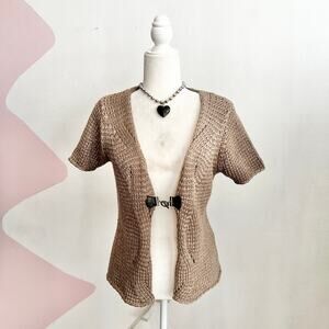 Vintage Brown Crochet Buckle Cardigan Top 90s 2000s Boho Bohemian Small‎